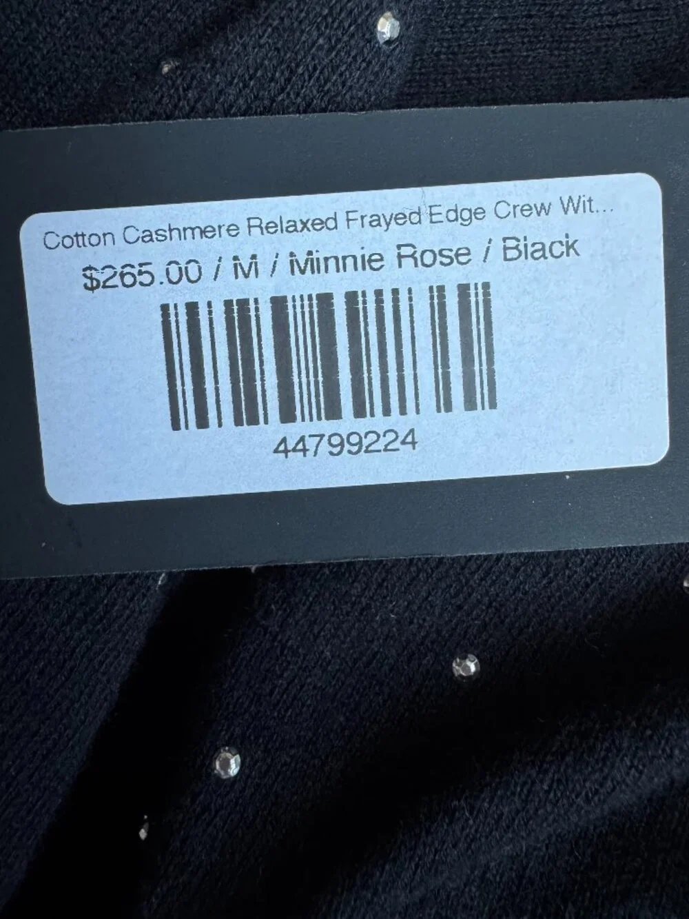 NEW MinnieRose Cashmere Sweater Frayed Edge Crew Black Silver Tone Beads  Med